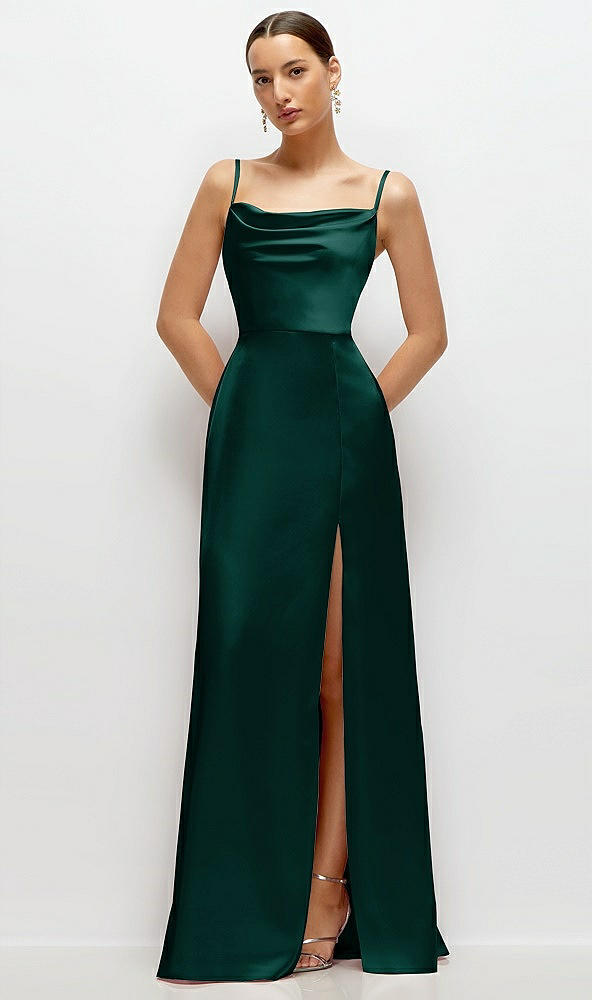 Front View - Evergreen Cowl Neck Satin Maxi Dress with Adjustable Spaghetti Straps