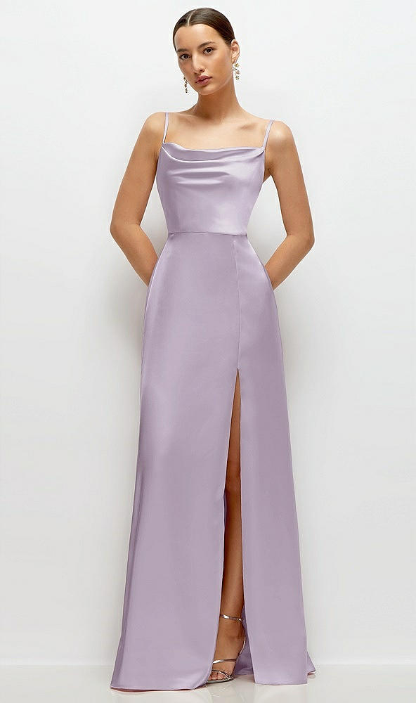 Front View - Lilac Haze Cowl Neck Satin Maxi Dress with Adjustable Spaghetti Straps