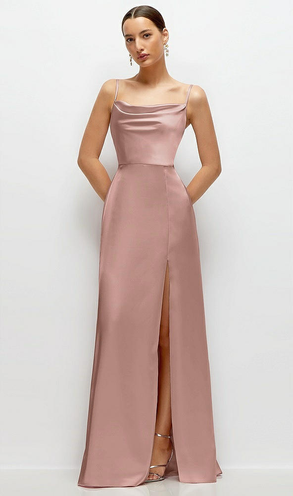 Front View - Neu Nude Cowl Neck Satin Maxi Dress with Adjustable Spaghetti Straps