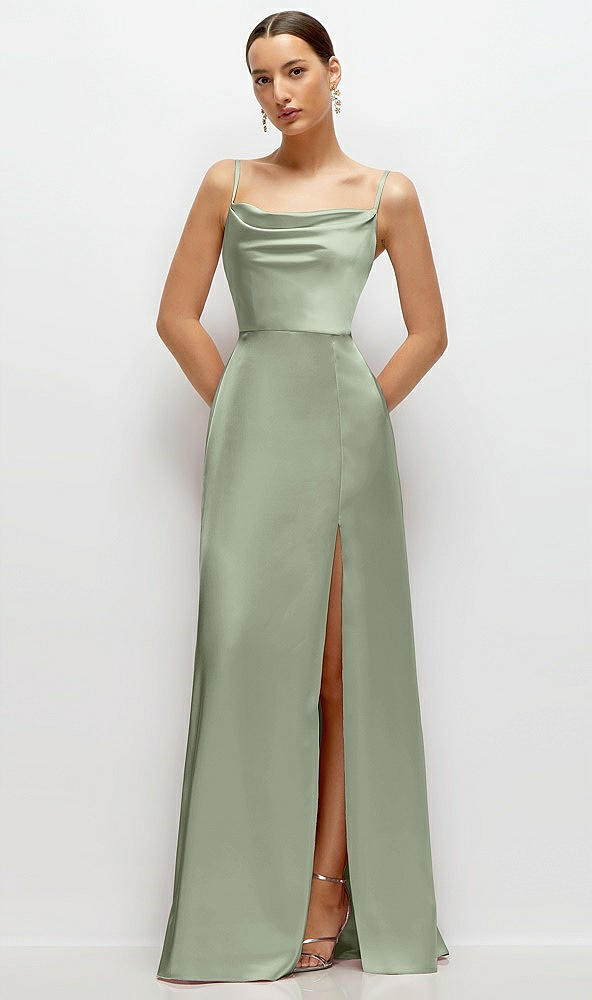 Front View - Sage Cowl Neck Satin Maxi Dress with Adjustable Spaghetti Straps
