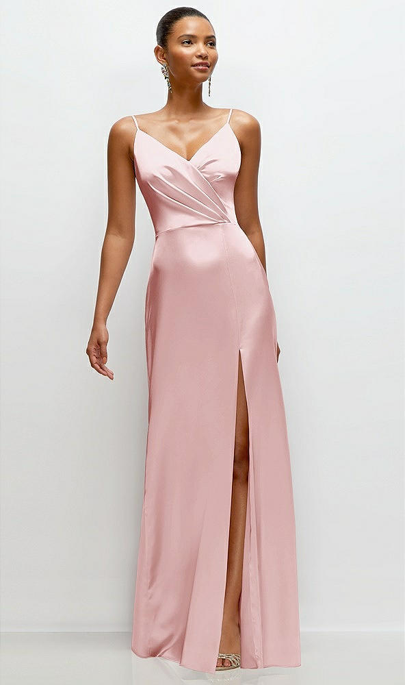 Front View - Ballet Pink Pleated Faux Wrap Satin Maxi Dress with Adjustable Spaghetti Straps