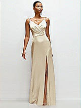 Front View Thumbnail - Champagne Pleated Faux Wrap Satin Maxi Dress with Adjustable Spaghetti Straps