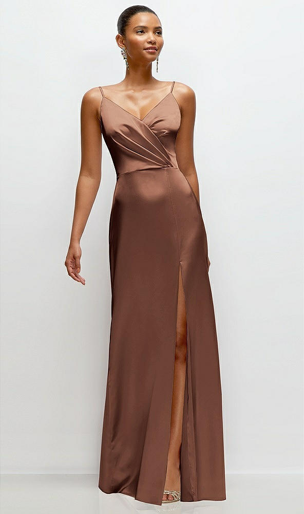 Front View - Cognac Pleated Faux Wrap Satin Maxi Dress with Adjustable Spaghetti Straps
