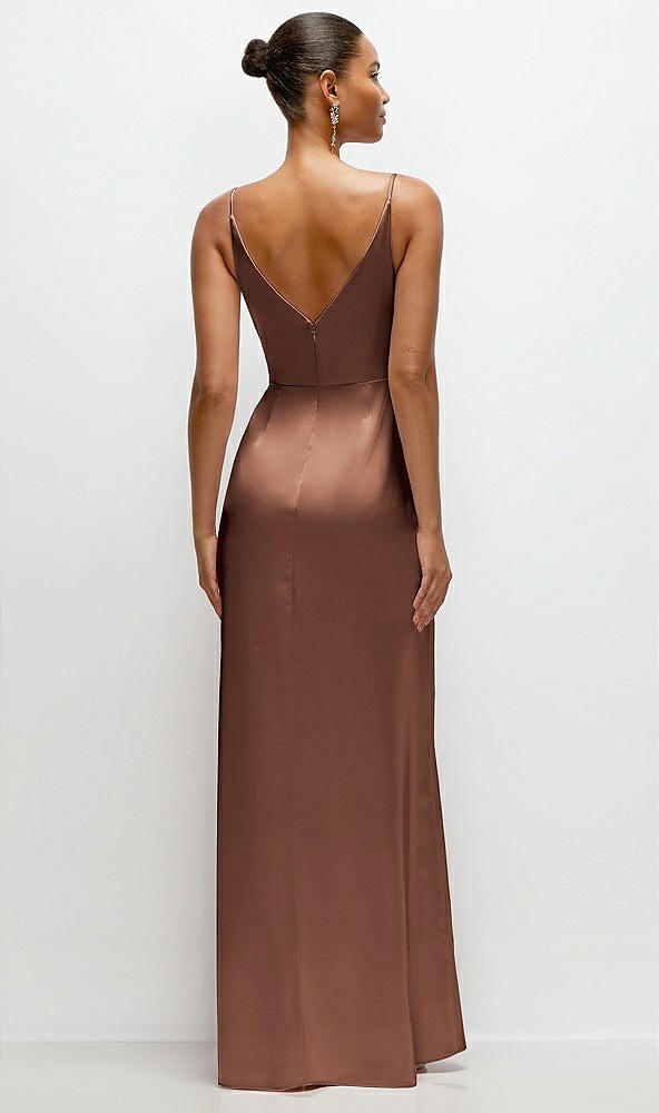 Back View - Cognac Pleated Faux Wrap Satin Maxi Dress with Adjustable Spaghetti Straps