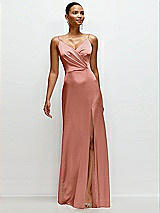 Front View Thumbnail - Desert Rose Pleated Faux Wrap Satin Maxi Dress with Adjustable Spaghetti Straps
