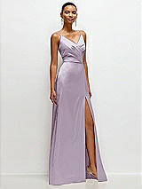Side View Thumbnail - Lilac Haze Pleated Faux Wrap Satin Maxi Dress with Adjustable Spaghetti Straps