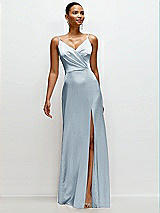 Front View Thumbnail - Mist Pleated Faux Wrap Satin Maxi Dress with Adjustable Spaghetti Straps