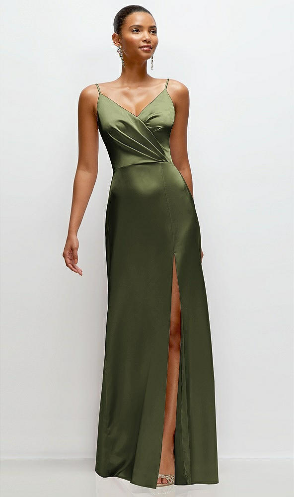 Front View - Olive Green Pleated Faux Wrap Satin Maxi Dress with Adjustable Spaghetti Straps