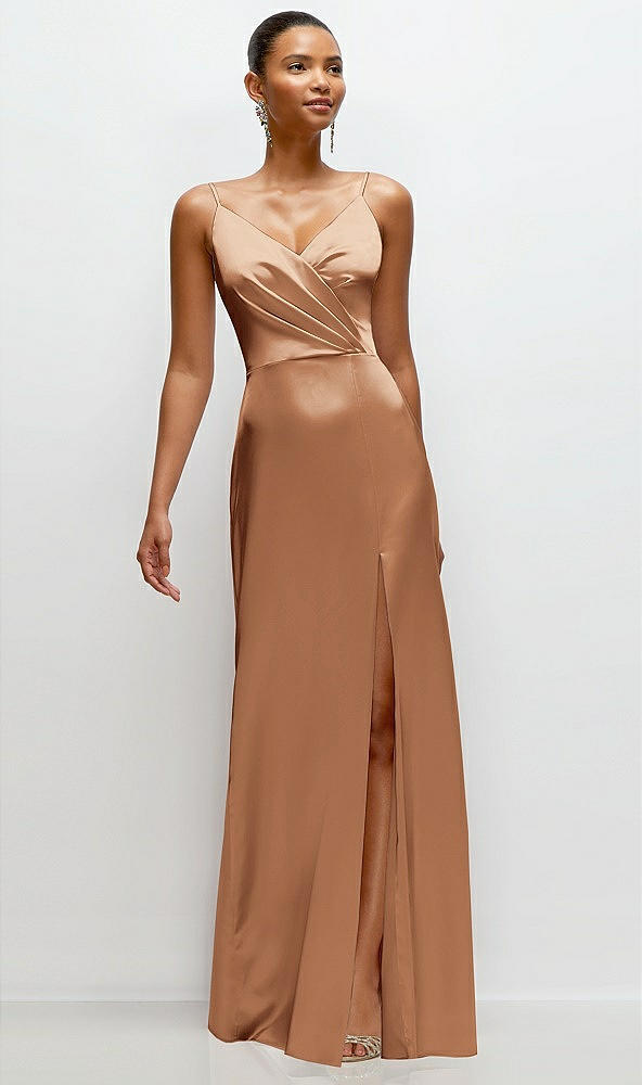 Front View - Toffee Pleated Faux Wrap Satin Maxi Dress with Adjustable Spaghetti Straps