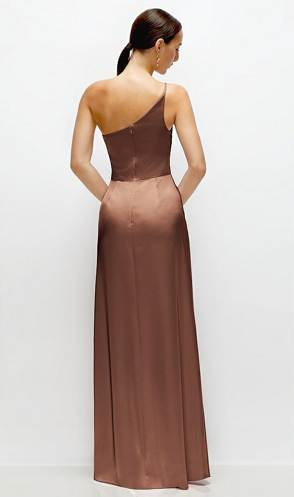 Back View - Cognac Pleated One-Shoulder Satin Maxi Dress with A-Line Skirt