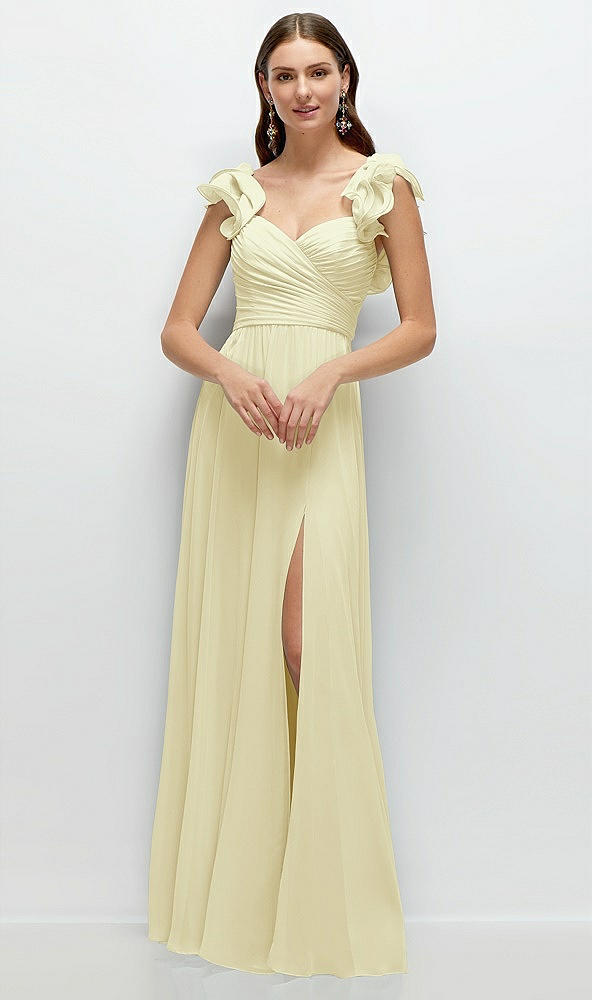 Front View - Butter Yellow Dramatic Ruffle Edge Strap Chiffon Maxi Dress