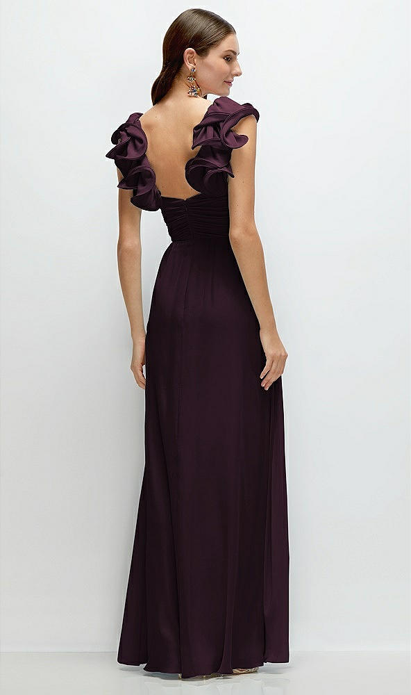 Back View - Deep Plum Dramatic Ruffle Edge Strap Chiffon Maxi Dress