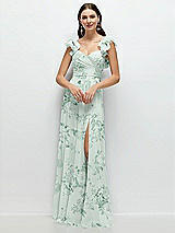 Front View Thumbnail - Mint Green Floral Dramatic Ruffle Edge Strap Chiffon Maxi Dress