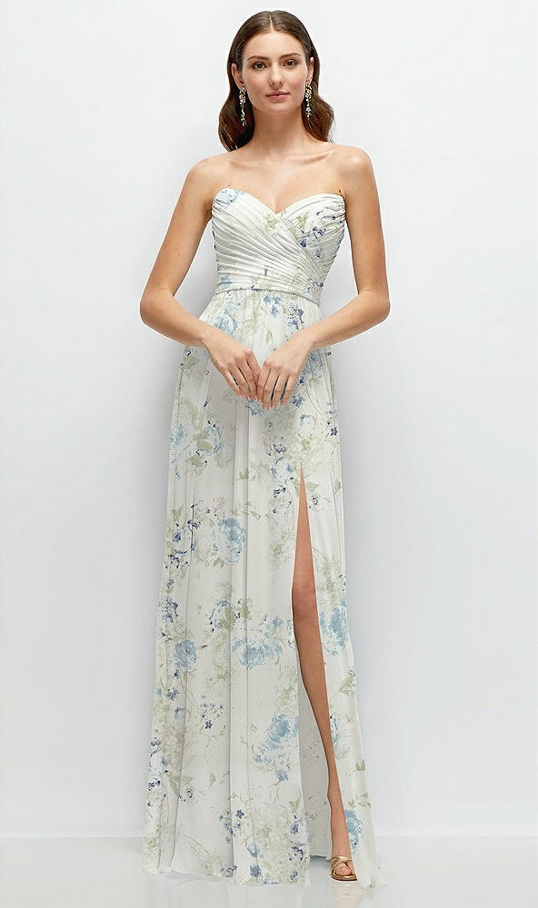 Front View - Bleu Garden Strapless Pleated Surplice Chiffon Maxi Dress with A-Line Skirt