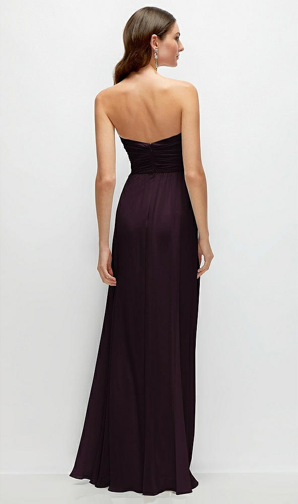 Back View - Deep Plum Strapless Pleated Surplice Chiffon Maxi Dress with A-Line Skirt