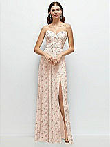 Front View Thumbnail - Coquette Floral Print Strapless Pleated Surplice Chiffon Maxi Dress with A-Line Skirt