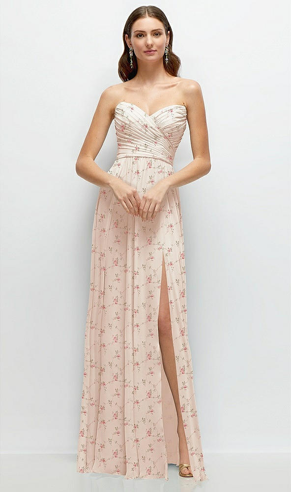 Front View - Coquette Floral Print Strapless Pleated Surplice Chiffon Maxi Dress with A-Line Skirt