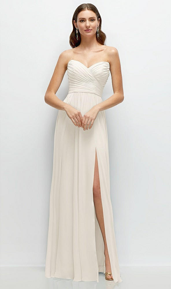 Front View - Ivory Strapless Pleated Surplice Chiffon Maxi Dress with A-Line Skirt