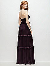 Rear View Thumbnail - Deep Plum Strapless Chiffon Maxi Dress with Tiered Micro Ruffle Full Skirt