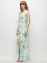 Side View Thumbnail - Mint Green Floral Strapless Chiffon Maxi Dress with Tiered Micro Ruffle Full Skirt