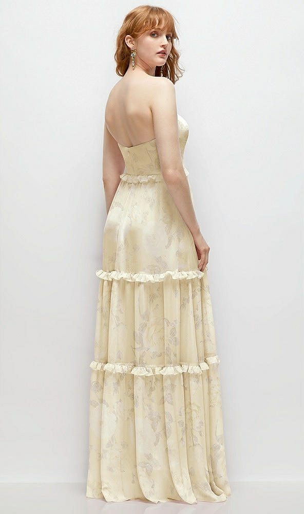 Back View - Butter Yellow Floral Strapless Chiffon Maxi Dress with Tiered Micro Ruffle Full Skirt
