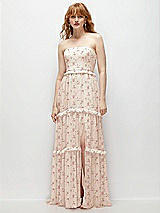 Front View Thumbnail - Coquette Floral Print Strapless Chiffon Maxi Dress with Tiered Micro Ruffle Full Skirt