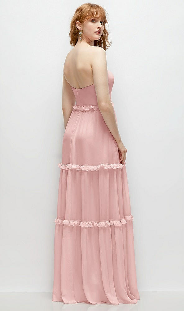 Back View - Rose Strapless Chiffon Maxi Dress with Tiered Micro Ruffle Full Skirt