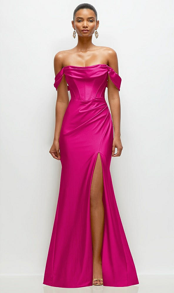 Front View - Think Pink Cowl Neck Off-the-Shoulder Stretch Satin Fit and Flare Corset Maxi Dress
