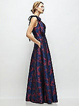 Side View Thumbnail - Burgundy Midnight Floral Bow One-Shoulder Full A-Line Heritage Floral Jacquard Maxi Dress