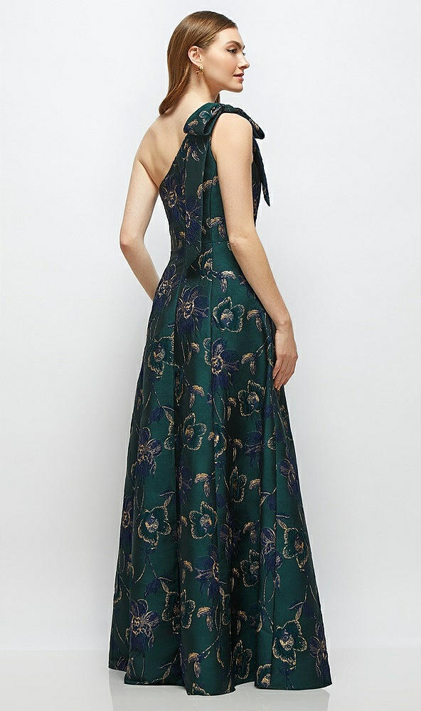 Back View - Evergreen Floral Bow One-Shoulder Full A-Line Oscar Metallic Floral Jacquard Maxi Dress