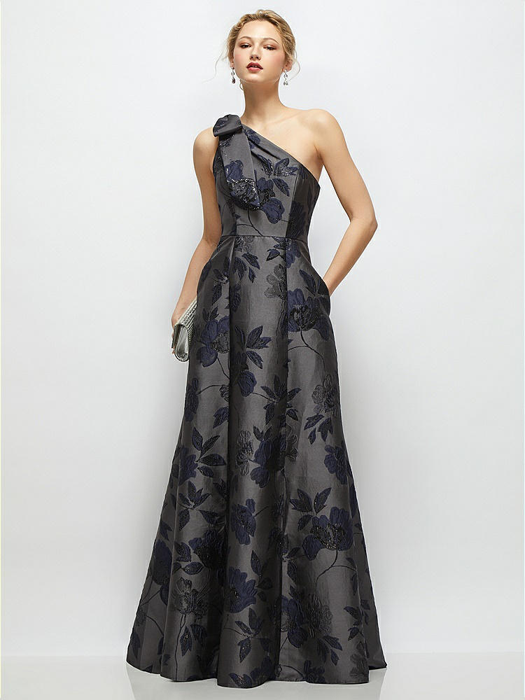 Noir Midnight Navy Bow One-shoulder Floral Metallic Jacquard Maxi