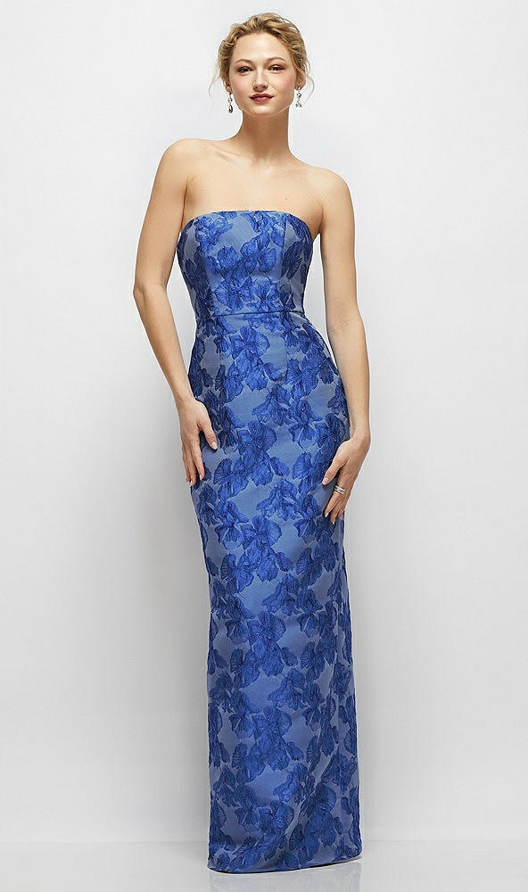 Front View - Cobalt Jacquard Strapless Cobalt Floral Metallic Jacquard Column Dress with Back Slit