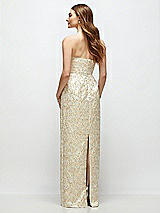Rear View Thumbnail - Champagne Filigree Strapless Champagne Brocade Column Dress with Back Slit