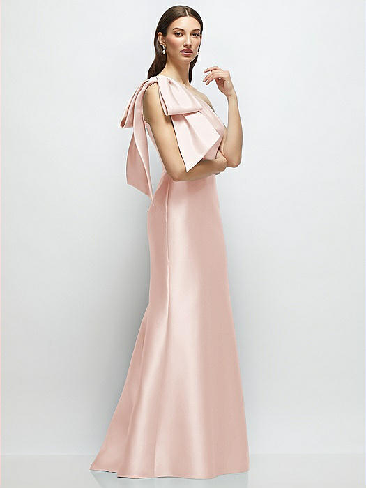 Bow One-Shoulder Satin Maxi Dress with Trumpet Skirt