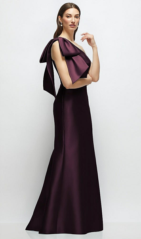 Front View - Deep Plum Bow One-Shoulder Satin Maxi Dress with Trumpet Skirt