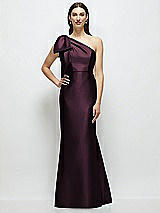 Side View Thumbnail - Deep Plum Bow One-Shoulder Satin Maxi Dress with Trumpet Skirt
