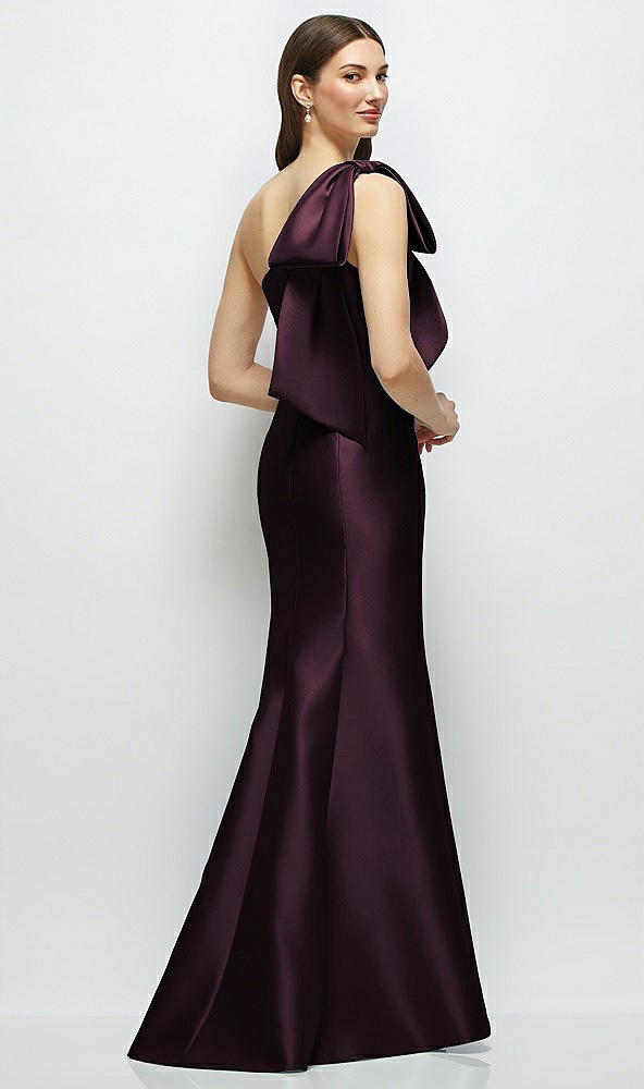 Back View - Deep Plum Bow One-Shoulder Satin Maxi Dress with Trumpet Skirt