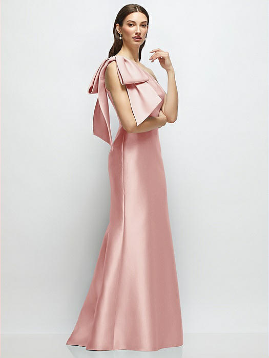Bow One-Shoulder Satin Maxi Dress with Trumpet Skirt