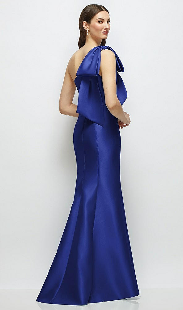 Back View - Cobalt Blue Bow One-Shoulder Satin Maxi Dress with Trumpet Skirt