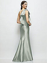 Rear View Thumbnail - Willow Green Bow One-Shoulder Satin Maxi Dress with Trumpet Skirt