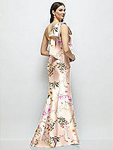 Front View Thumbnail - Butterfly Botanica Pink Sand Bow One-Shoulder Satin Floral Maxi Dress with Trumpet Skirt