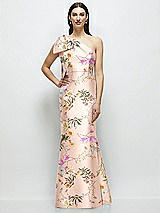 Rear View Thumbnail - Butterfly Botanica Pink Sand Bow One-Shoulder Satin Floral Maxi Dress with Trumpet Skirt