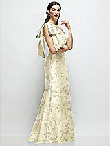 Side View Thumbnail - Butter Yellow Floral Bow One-Shoulder Satin Floral Maxi Dress with Trumpet Skirt