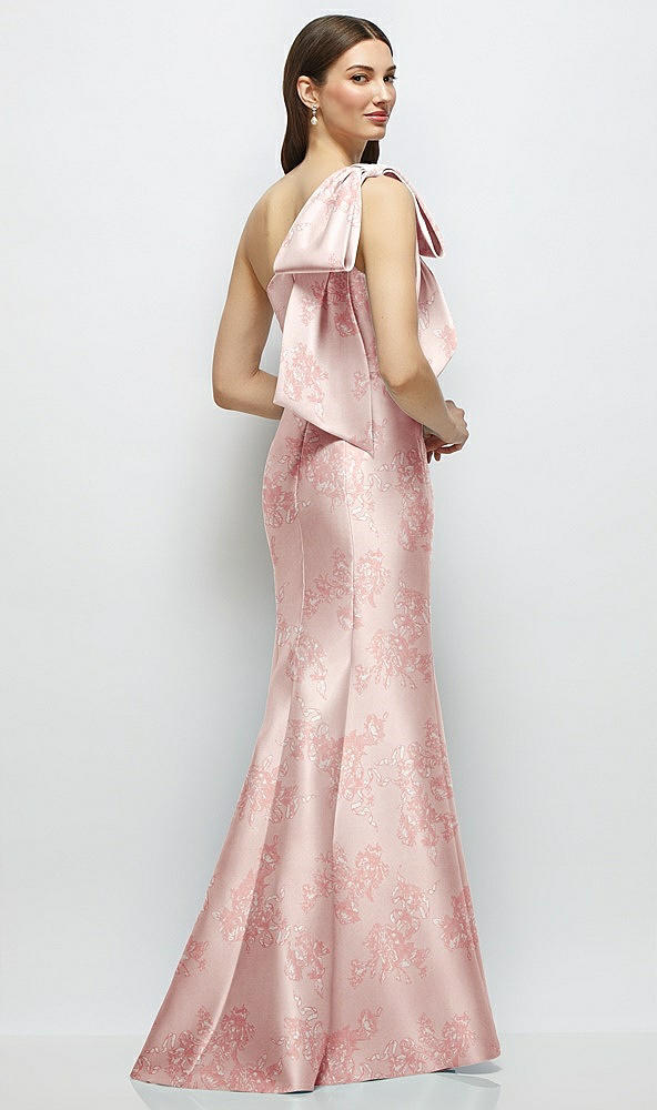 Front View - Bow And Blossom Print Bow One-Shoulder Satin Floral Maxi Dress with Trumpet Skirt