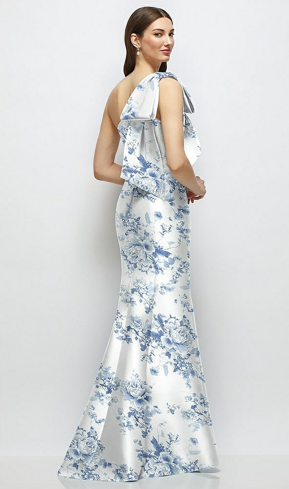 Front View - Cottage Rose Larkspur Bow One-Shoulder Satin Floral Maxi Dress with Trumpet Skirt
