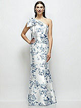 Rear View Thumbnail - Cottage Rose Larkspur Bow One-Shoulder Satin Floral Maxi Dress with Trumpet Skirt