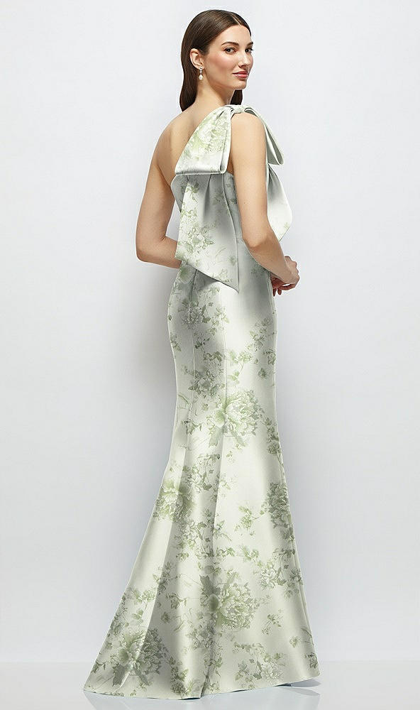Front View - Sage Cottage Rose Bow One-Shoulder Satin Floral Maxi Dress with Trumpet Skirt