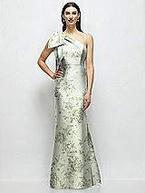 Rear View Thumbnail - Sage Cottage Rose Bow One-Shoulder Satin Floral Maxi Dress with Trumpet Skirt