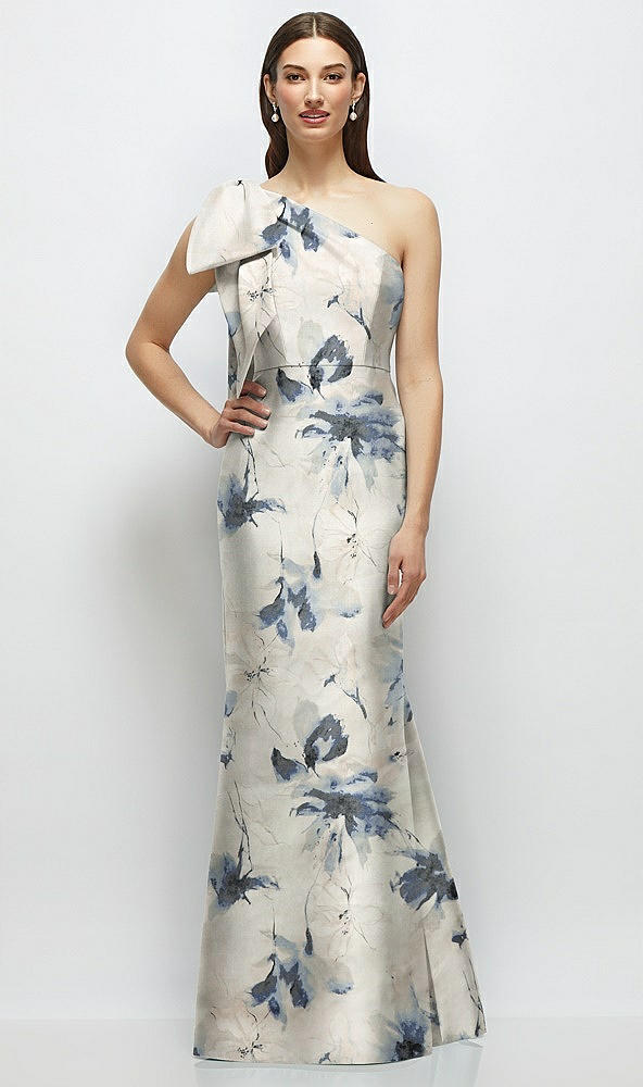 Back View - Inkwash Blue Floral Bow One-Shoulder Satin Floral Maxi Dress with Trumpet Skirt