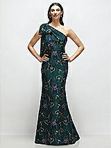 Alt View 1 Thumbnail - Evergreen Floral Bow One-Shoulder Oscar Metallic Floral Jacquard Trumpet Maxi Dress